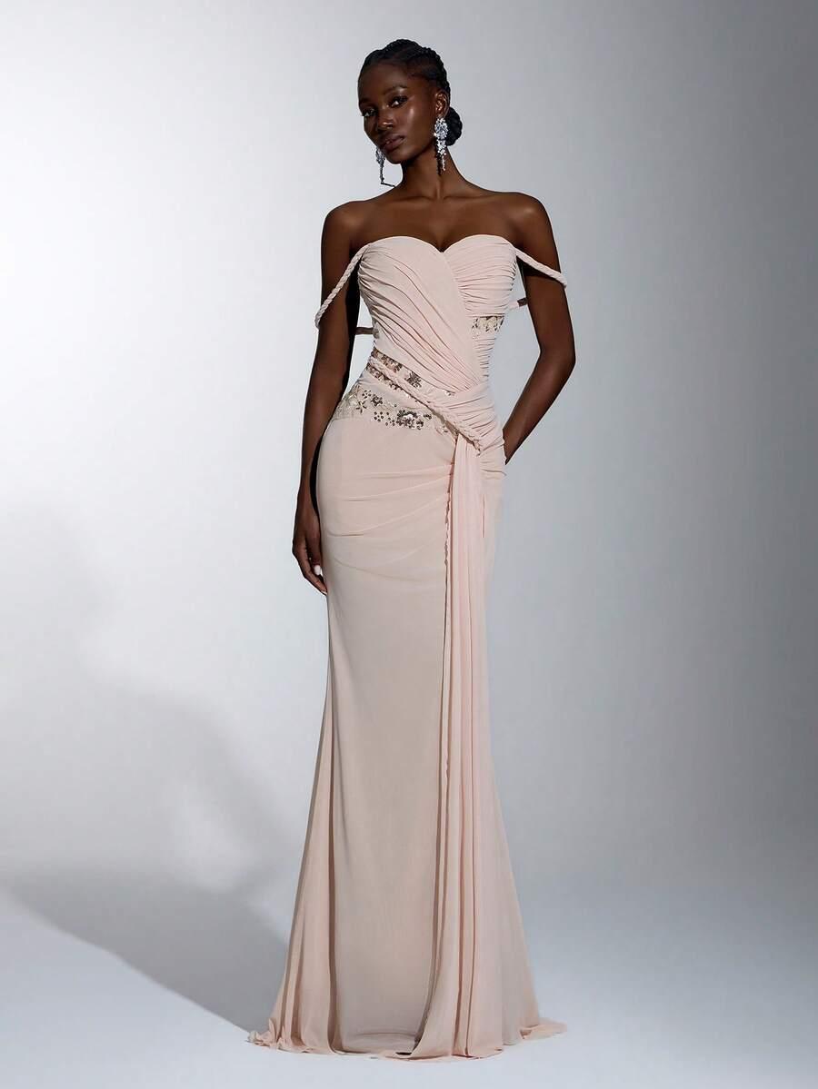 SHEIN BEŻOWA MAXI SUKIENKA S06__S
