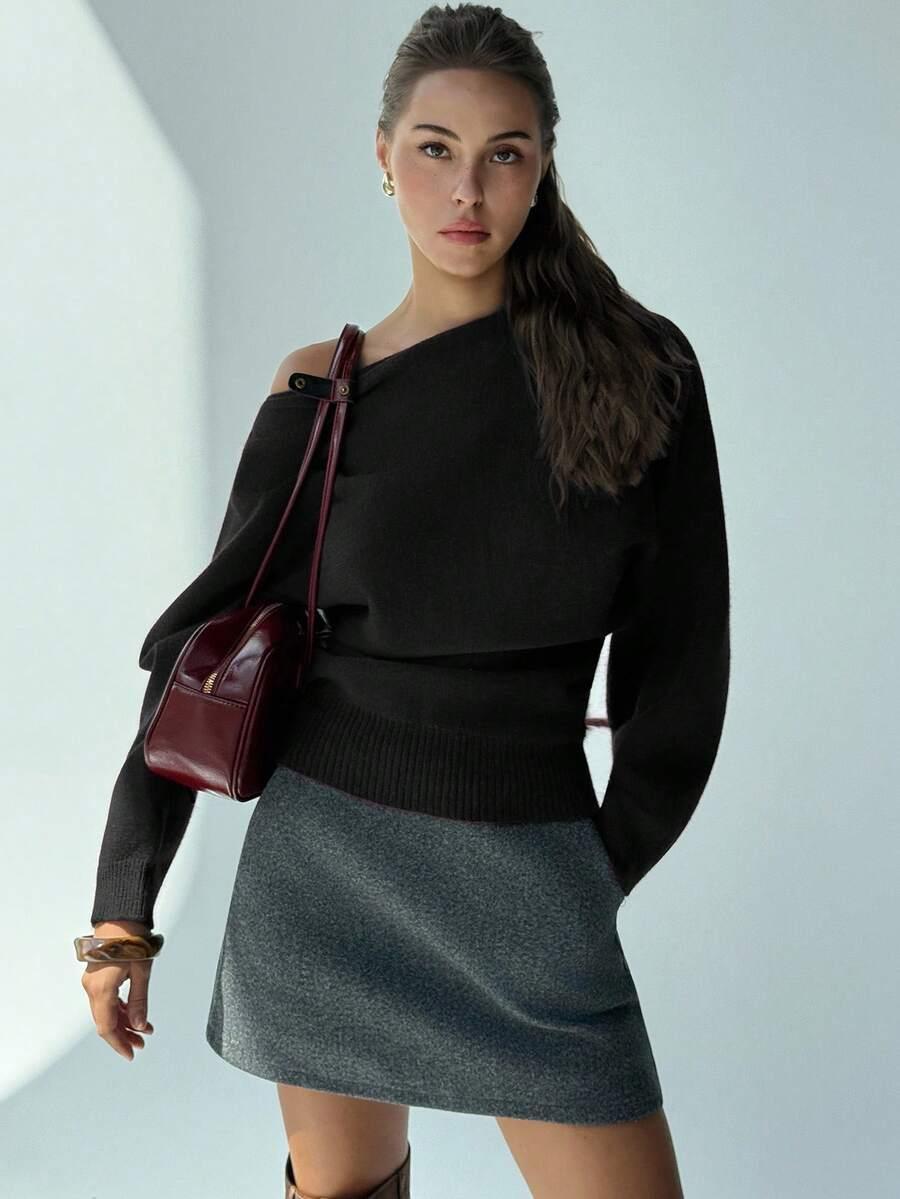 SHEIN CZARNY ASYMETRYCZNY SWETER S06__M