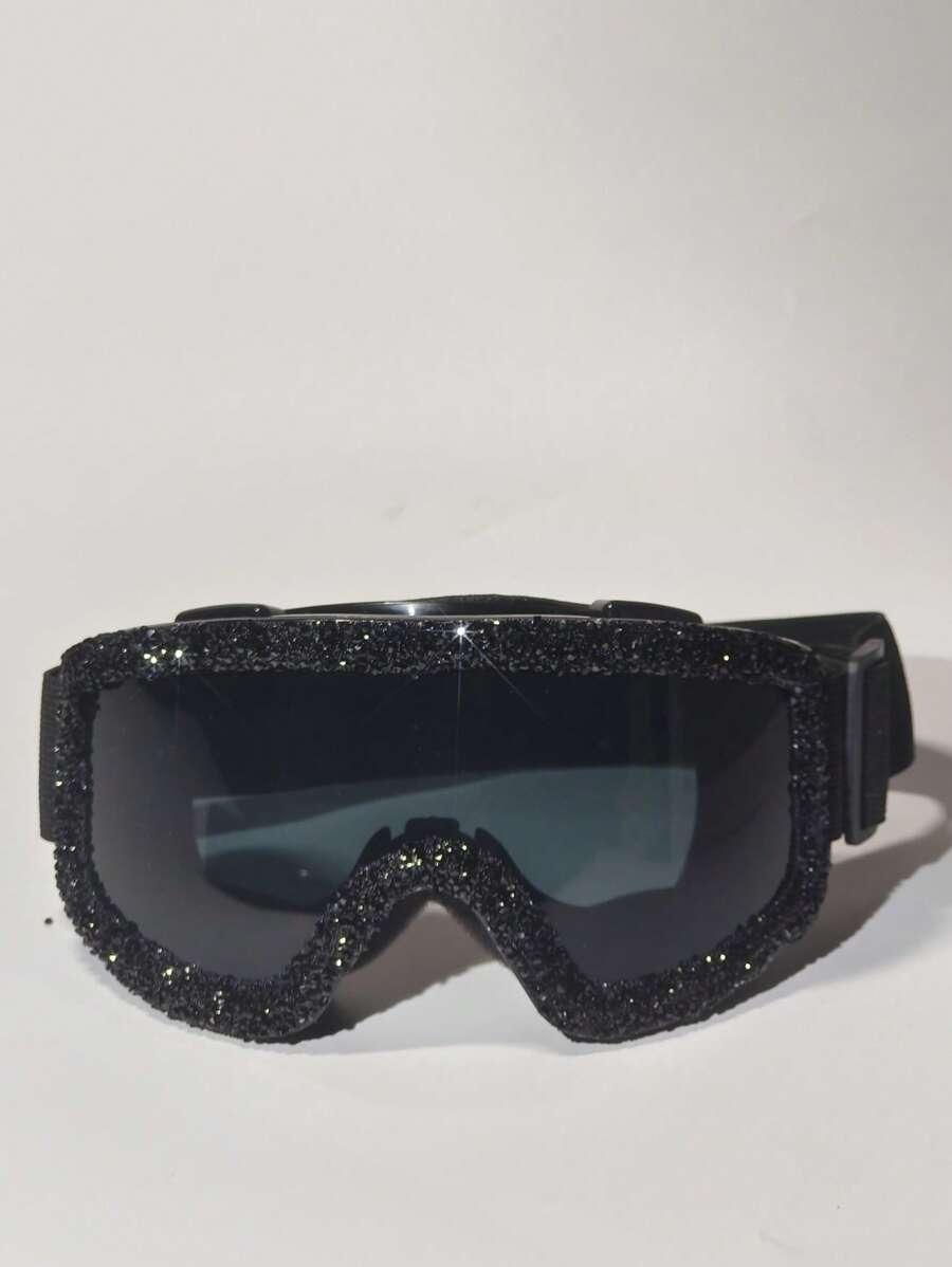 SHEIN CZARNE OKULARY GOGLE NARCIARSKIE ZDOBIENIE