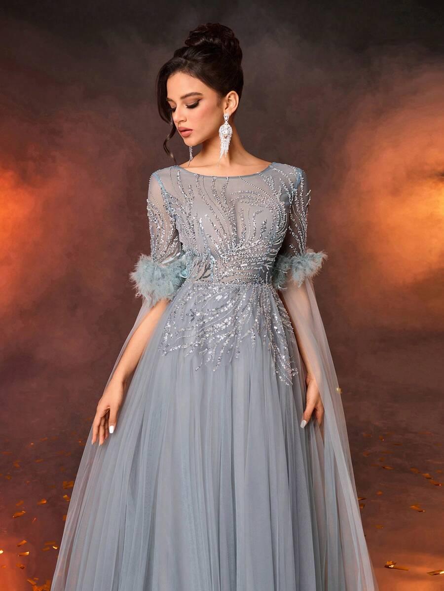 SHEIN MAXI SUKIEKA TIUL CEKINY PIÓRA S06__L