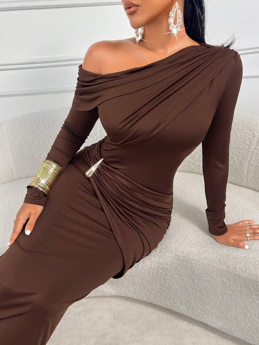SHEIN BRĄZOWA MAXI SUKIENKA S06__S