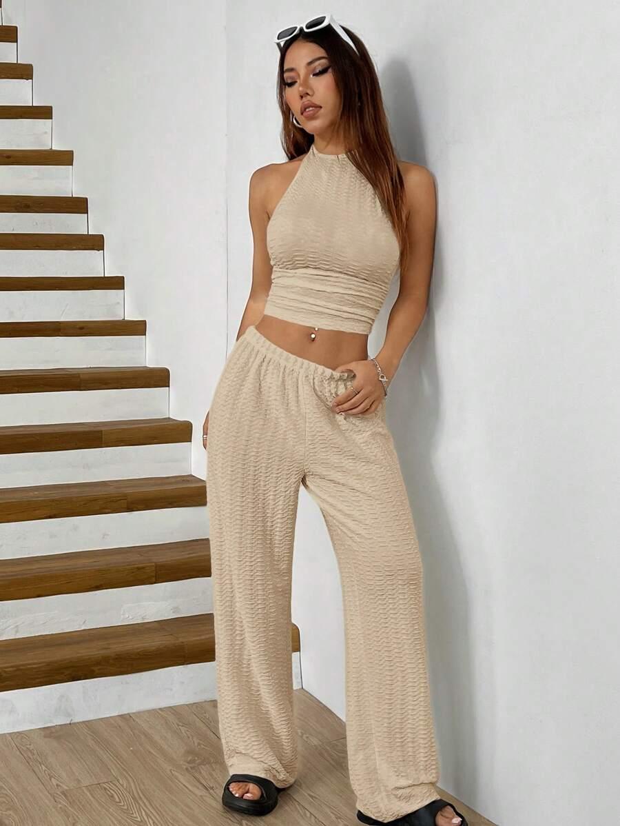SHEIN BEŻOWY TOP BEZ RĘKAWÓW SPODNIE KOMPLET S06__L