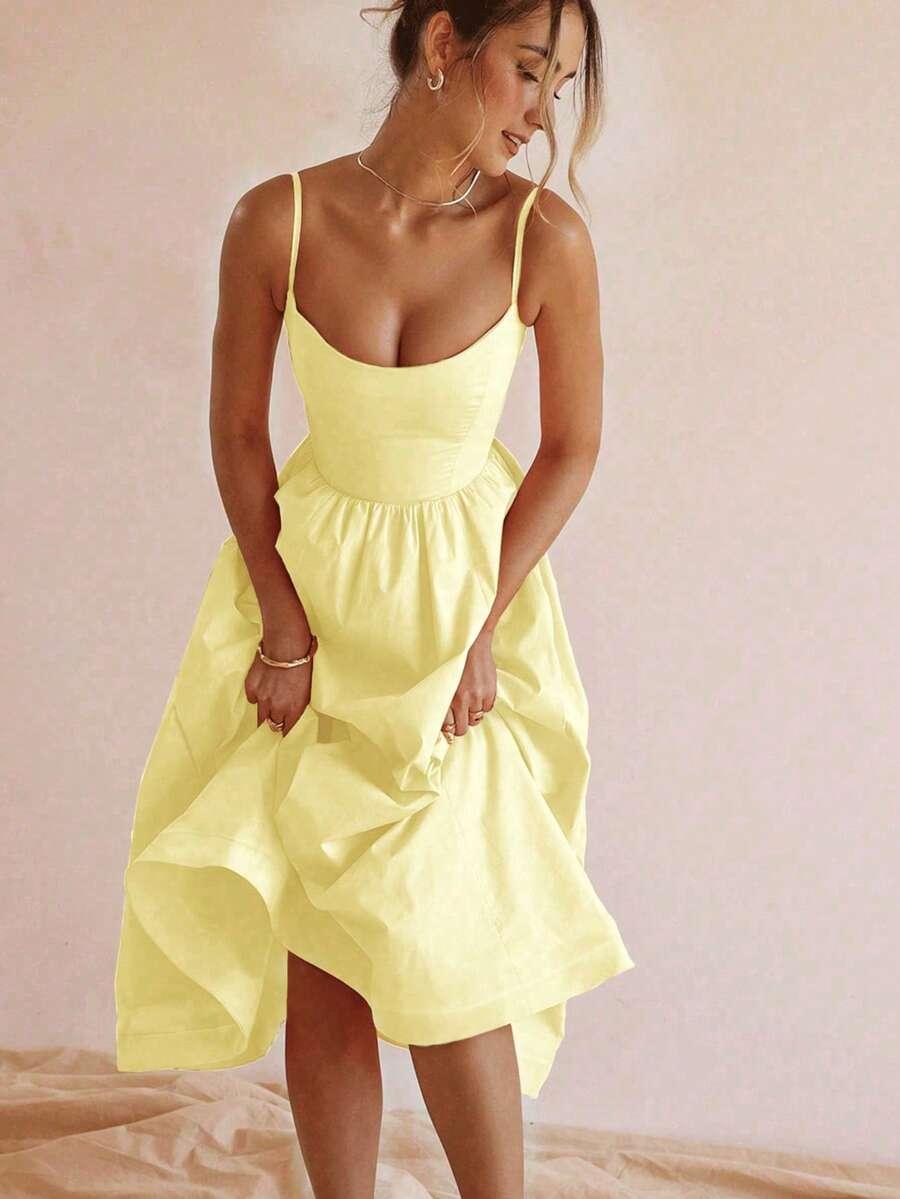 SHEIN ŻÓŁTA MIDI SUKIENKA NA RAMIĄCZKACH S06__46