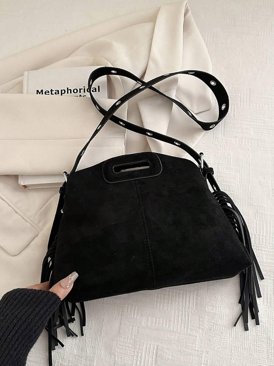 SHEIN CZARNA TOREBKA NA RAMIĘ FRĘDZLE S07__27X9X20.5CM