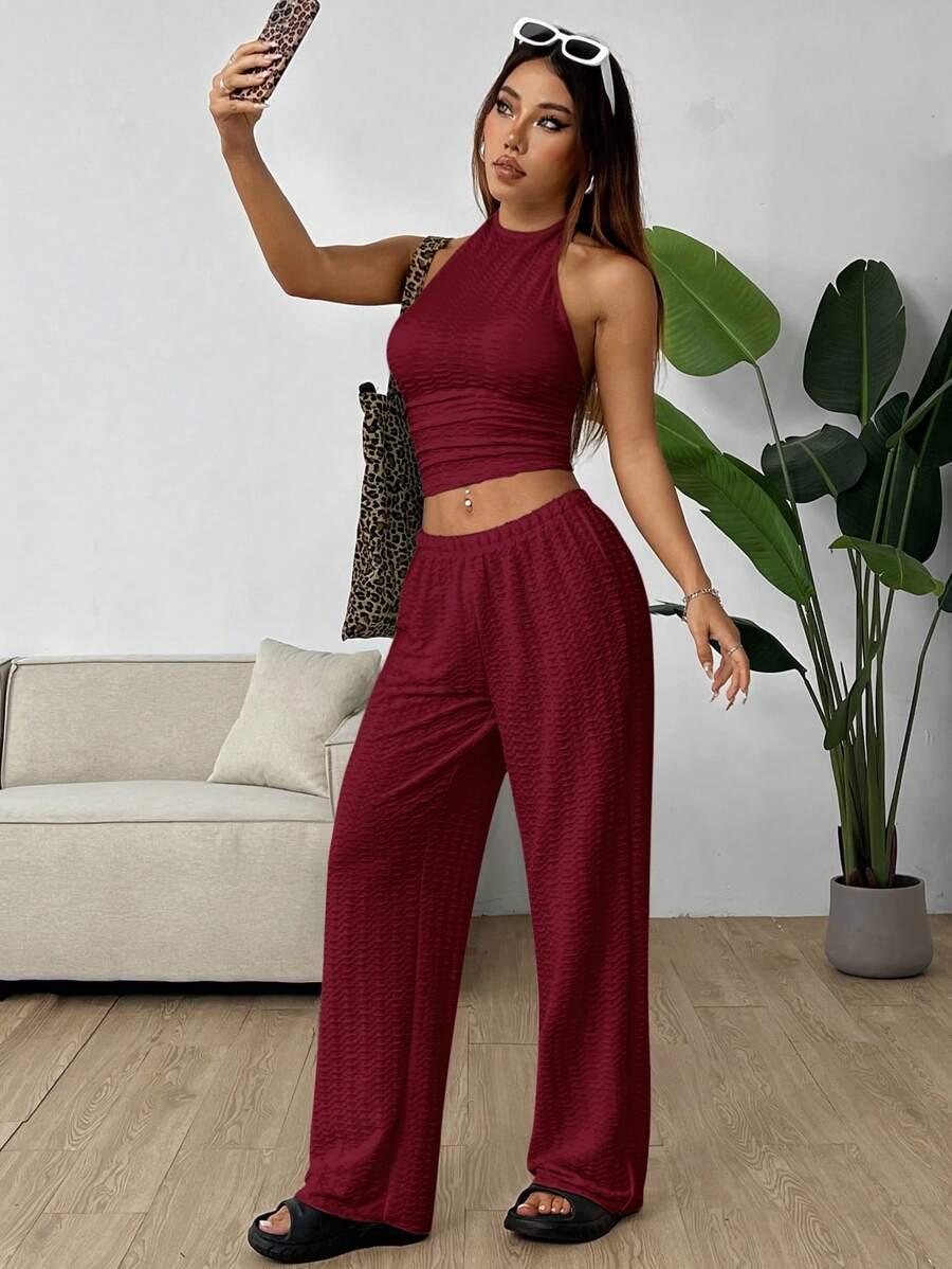 SHEIN BORDOWY KOMPLET TOP SPODNIE S06__S