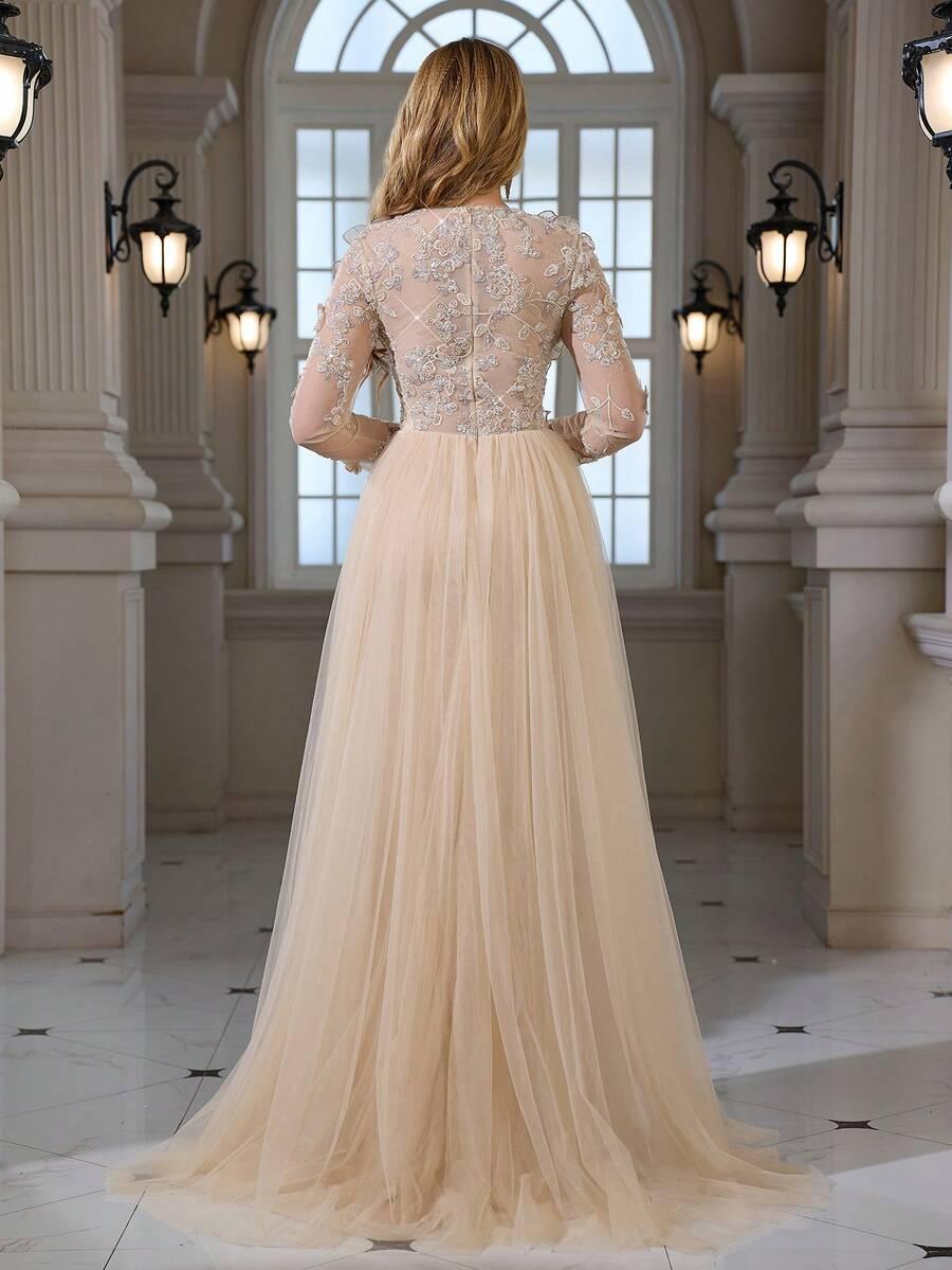 SHEIN BEŻOWA MAXI SUKIENKA TIUL ZDOBIENIE S06__M