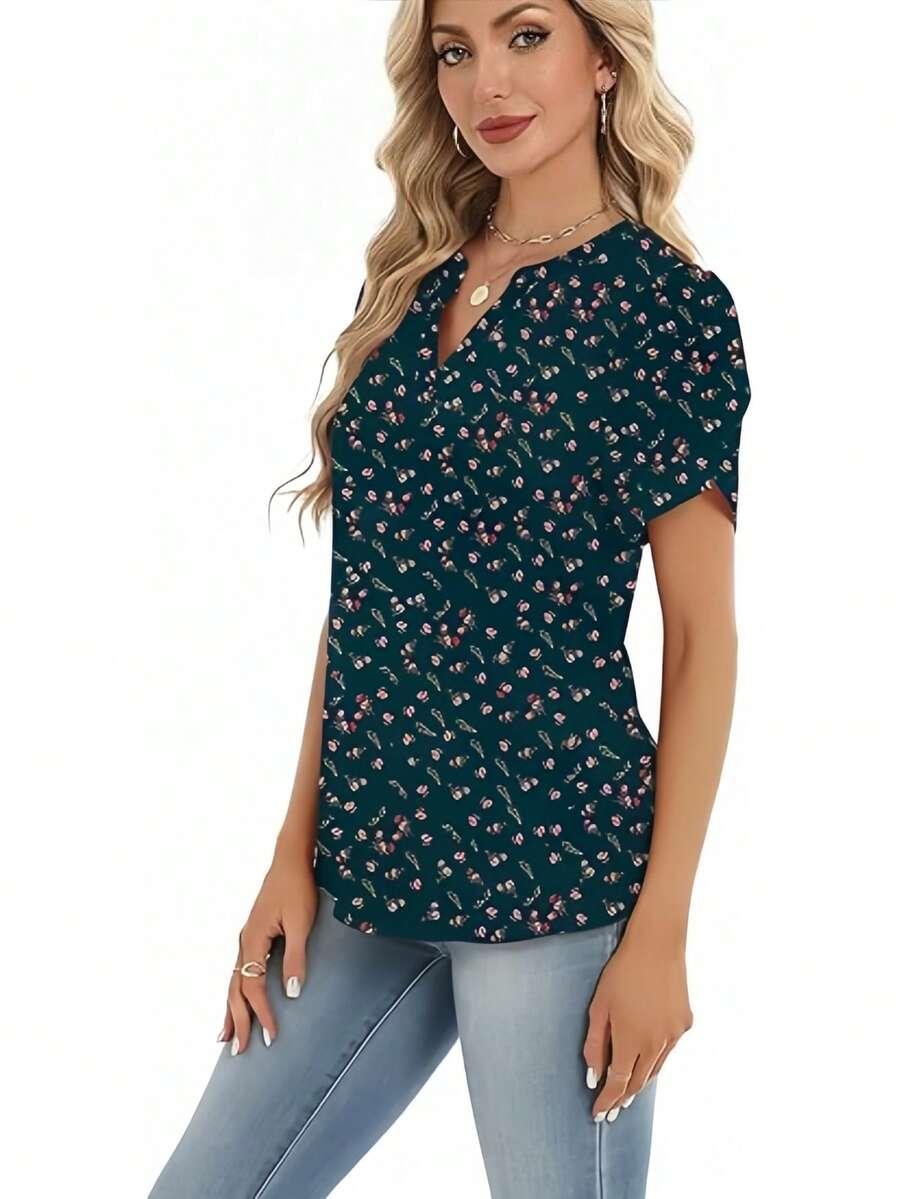 SHEIN BLUZKA Z KRÓTKIM RĘKAWEM BUFKI KWIATY WZÓR S06__S
