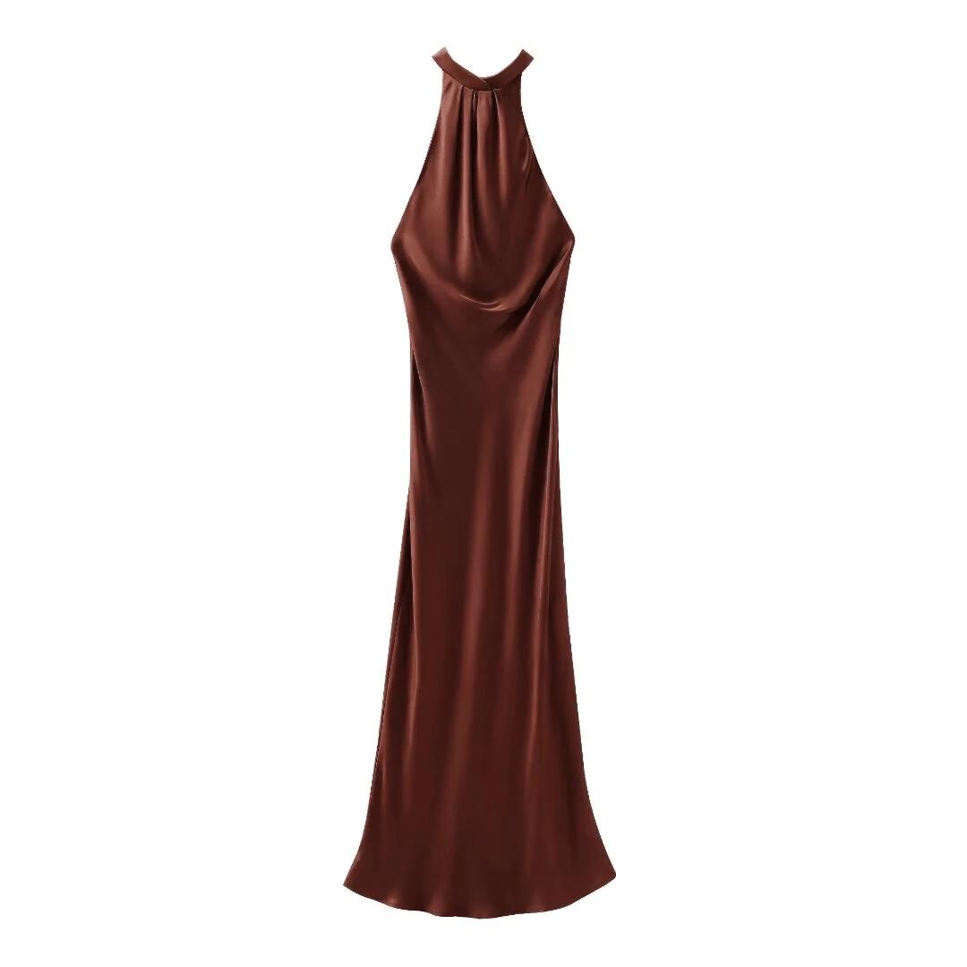 SHEIN BRĄZOWA SATYNOWA SUKIENKA MAXI S06__S
