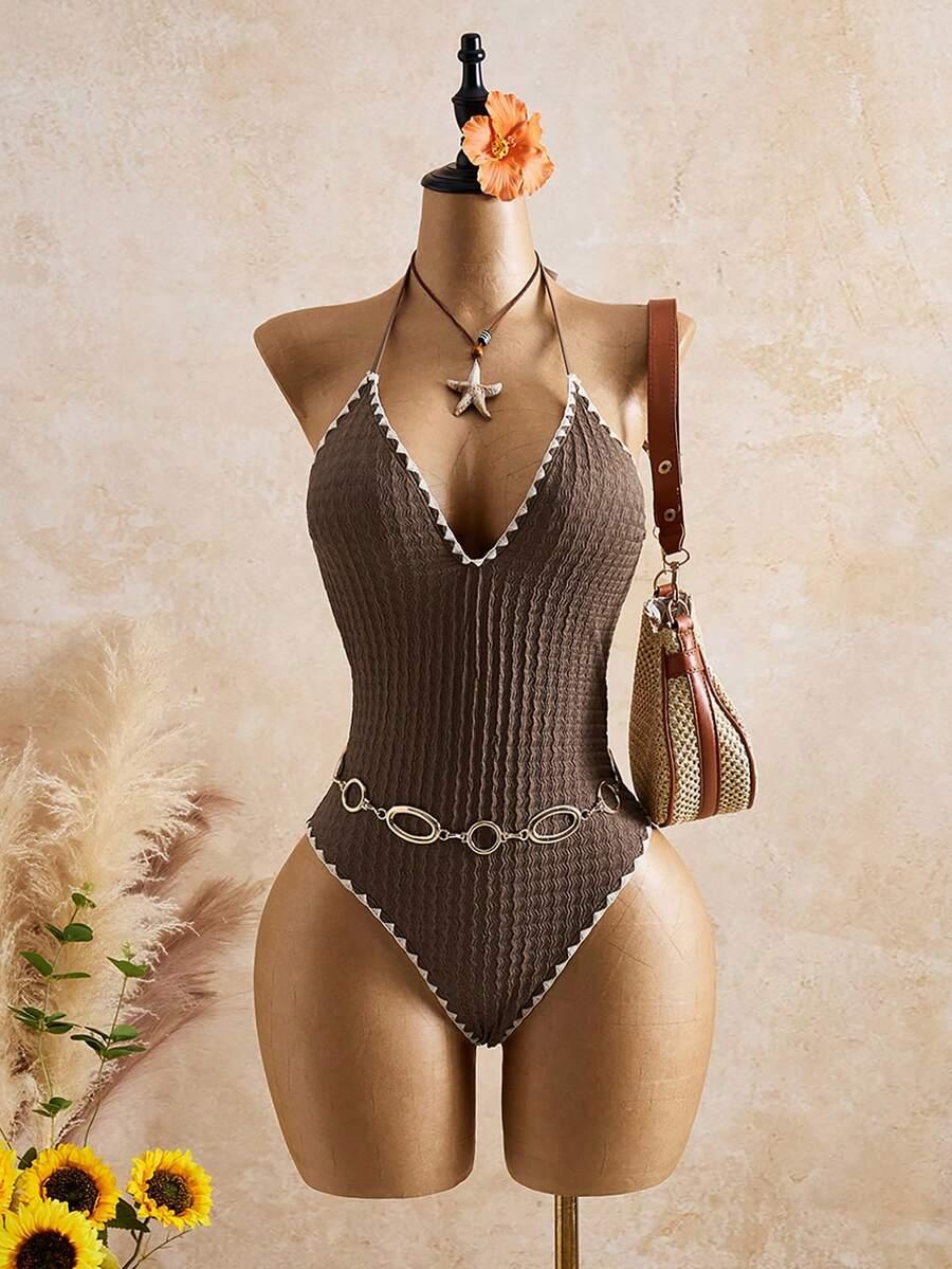 SHEIN BRĄZOWY JEDNOCZĘŚCIOWY STRÓJ KĄPIELOWY TEKSTURA S09__L