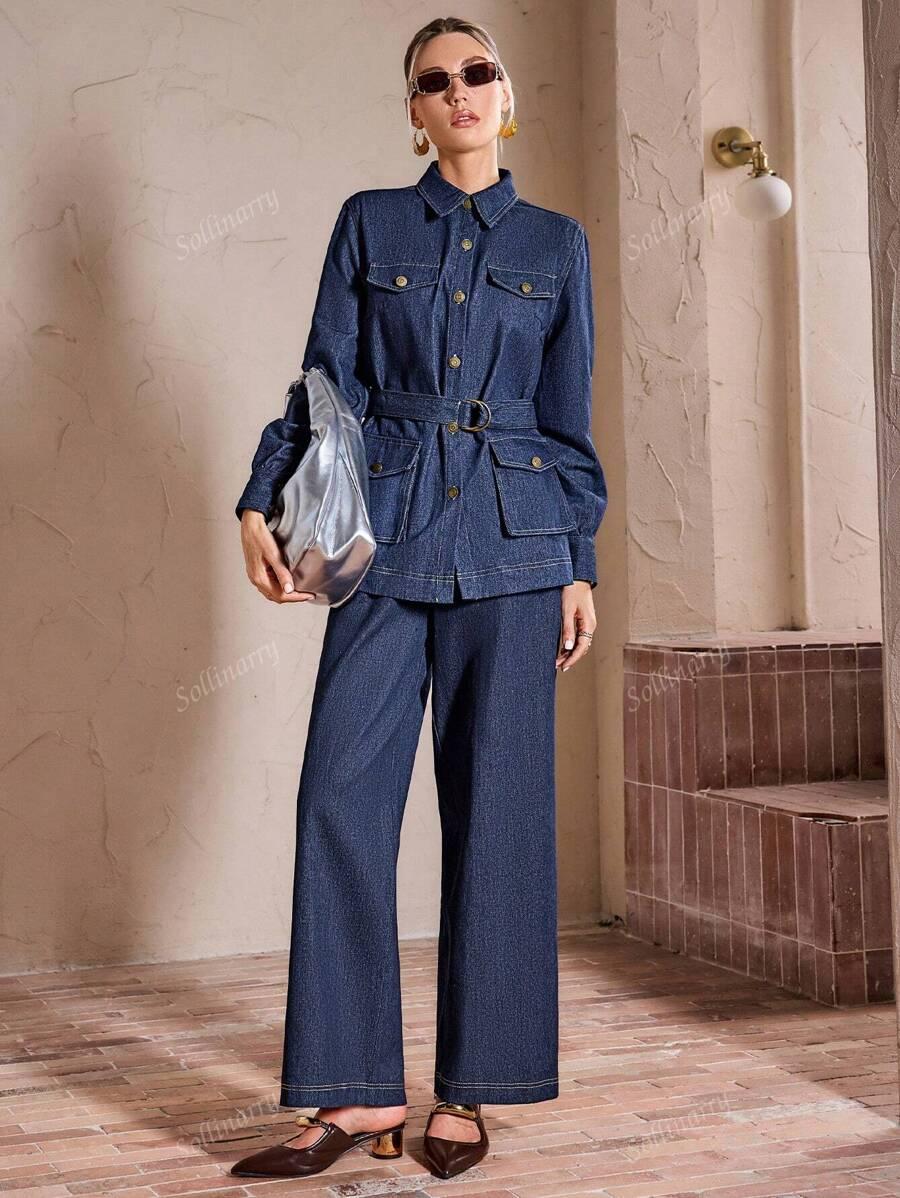 SHEIN NIEBIESKI JEANSOWY KOMPLET KOSZULA SPODNIE S06__XS