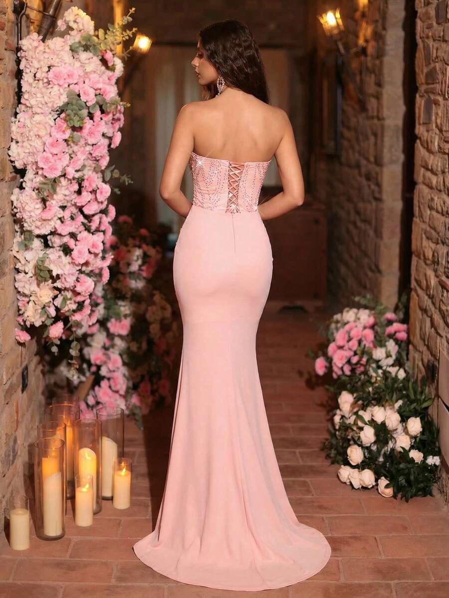 GLAMRAE GORSETOWA RÓŻOWA MAXI SUKIENKA CEKINY HAFT S06__XS