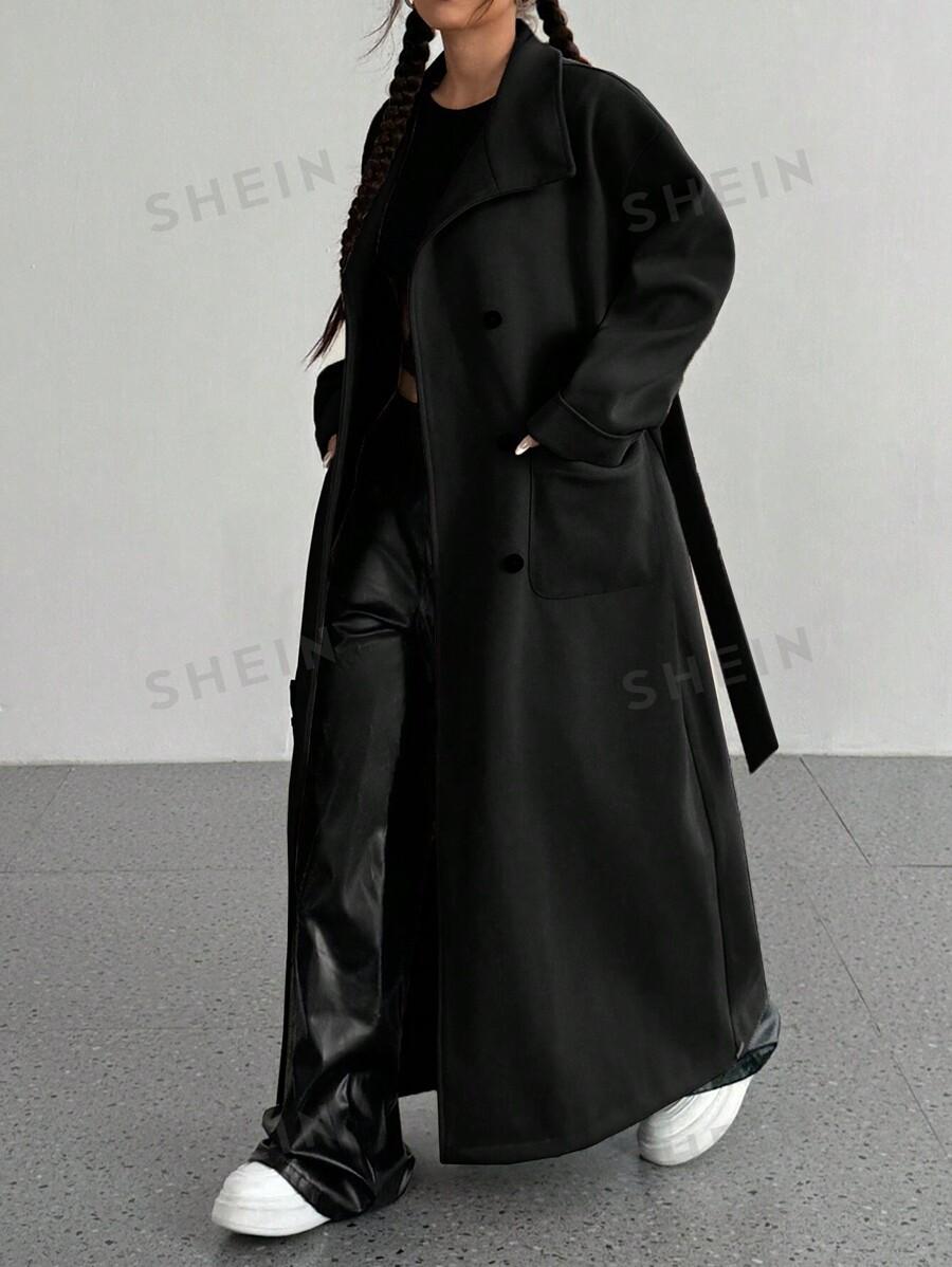 SHEIN CZARNY DŁUGI PŁASZCZ KIESZENIE W01__XS