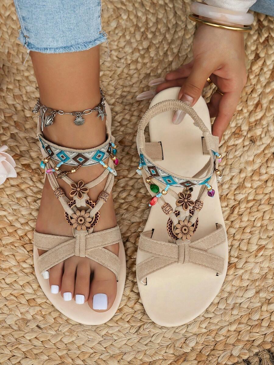 SHEIN BEŻOWE SANDAŁY BOHO ZDOBIENIA PK01__41