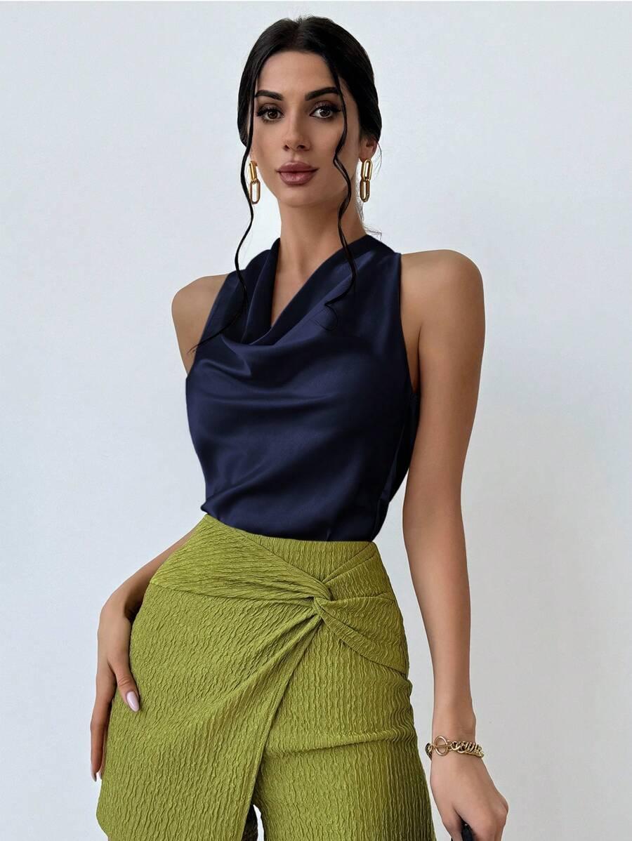 SHEIN GRANATOWY SATYNOWY TOP S06__L