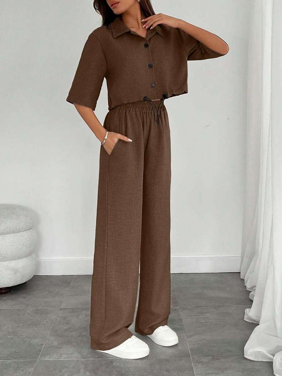 SHEIN BRĄZOWY KOMPLET SPODNIE BLUZKA S06__XS