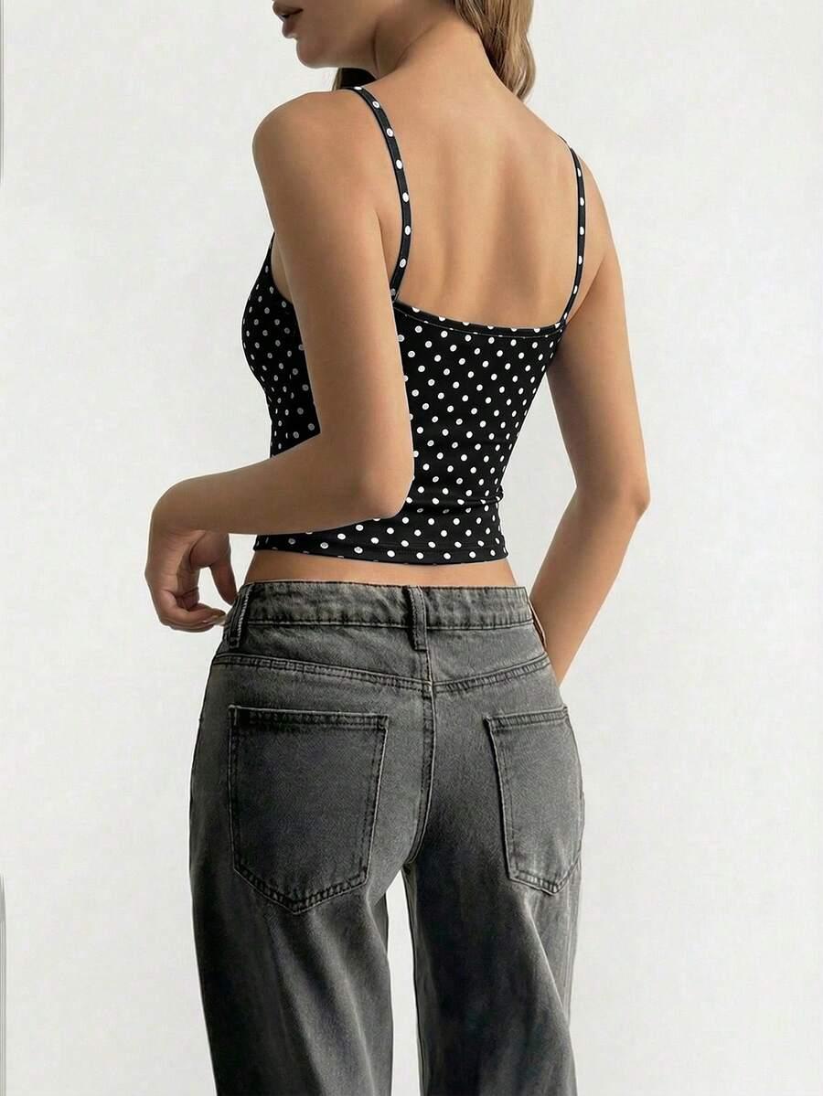 SHEIN CZARNY TOP NA RAMIĄCZKACH GROSZKI S06__M