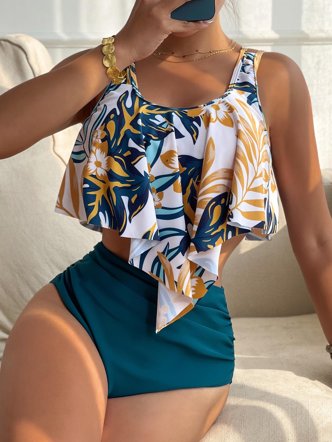 SHEIN DWUCZĘŚCIOWY STRÓJ KĄPIELOWY PRINT ROŚLINY S09__M