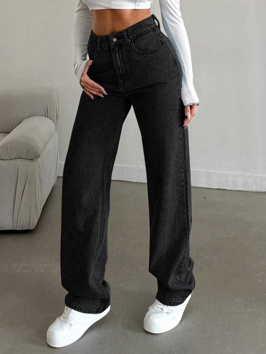 SHEIN CZARNE SPODNIE JEANS WYSOKI STAN KIESZENIE PK01__XS