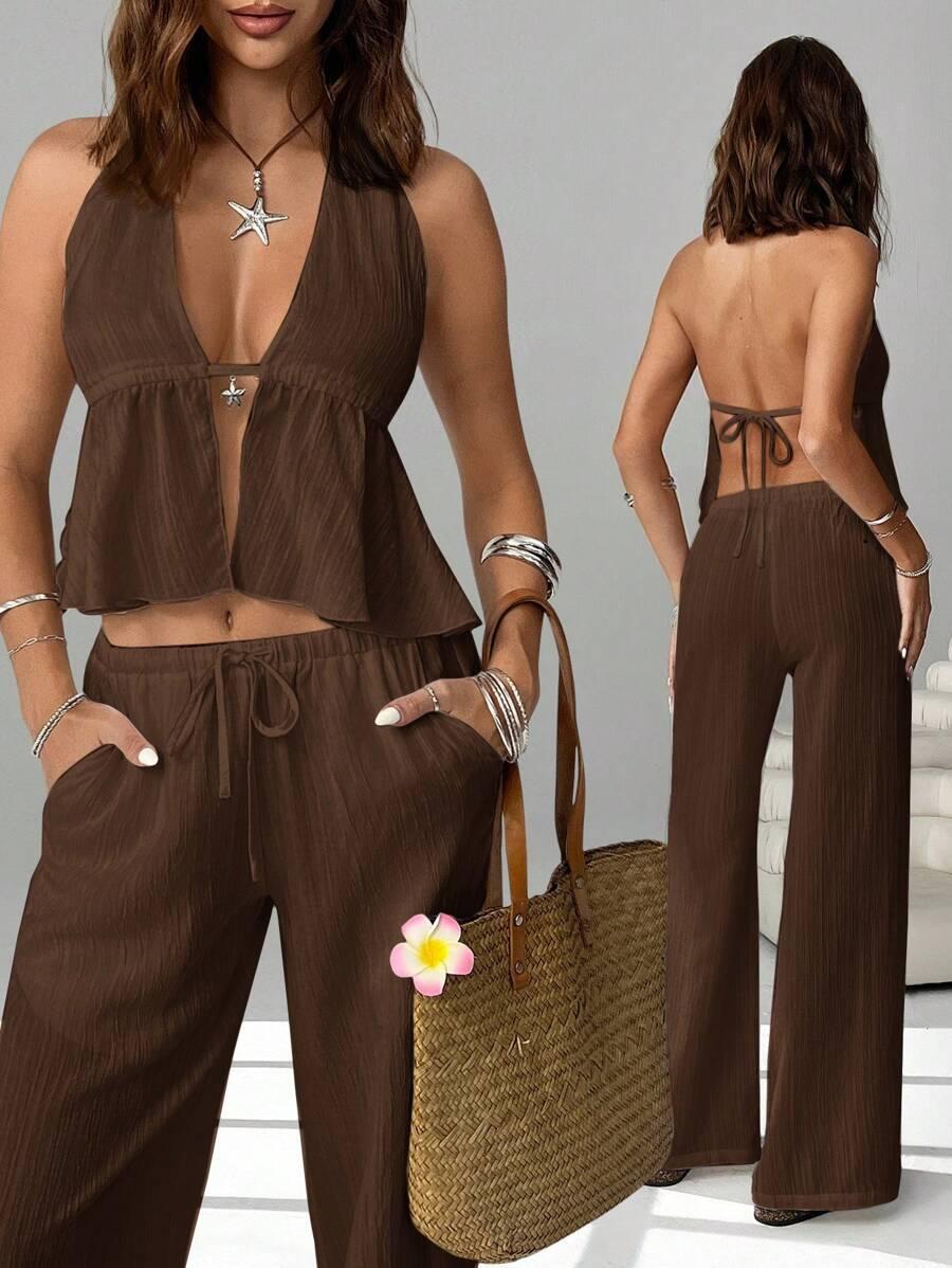 SHEIN BRĄZOWY KOMPLET TOP SPODNIE S06__S