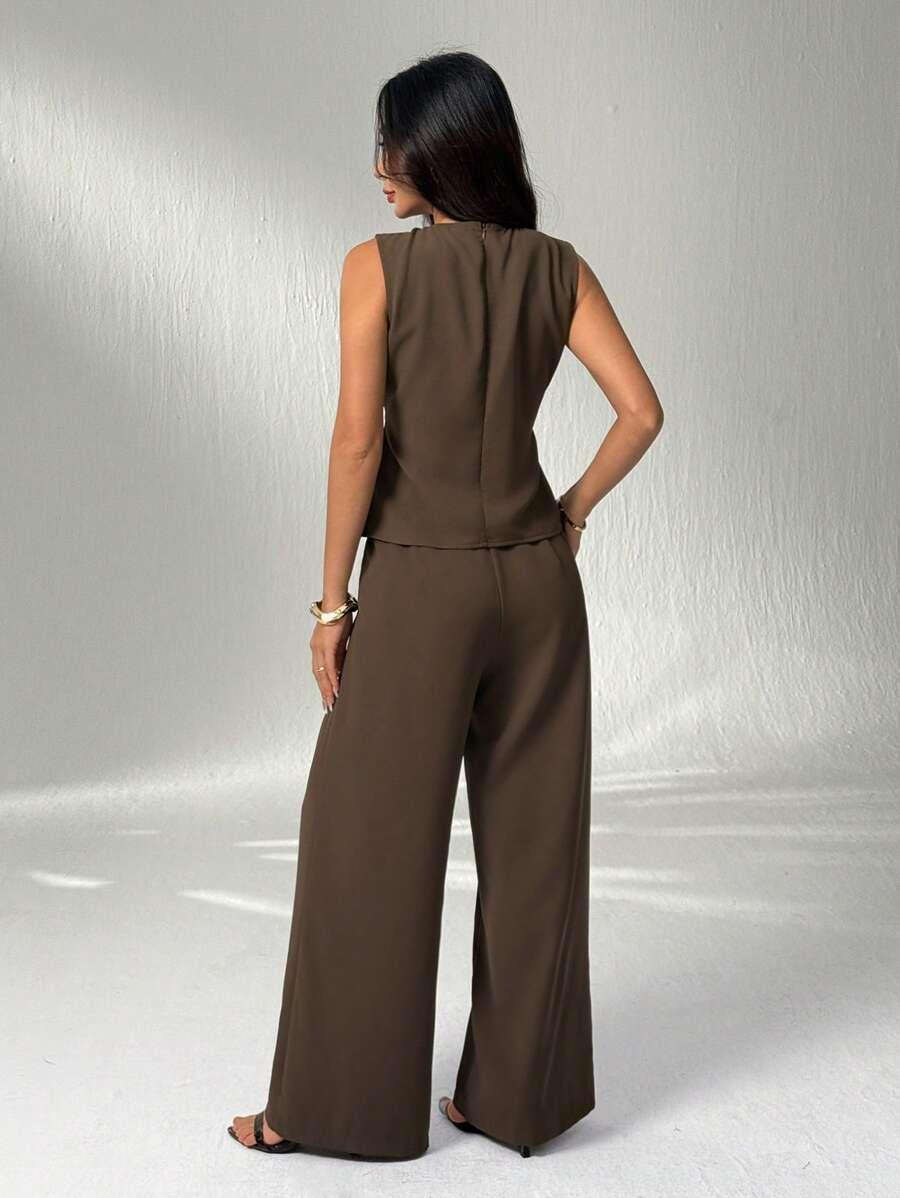 SHEIN BRĄZOWY KOMPLET TOP SPODNIE S06__XS