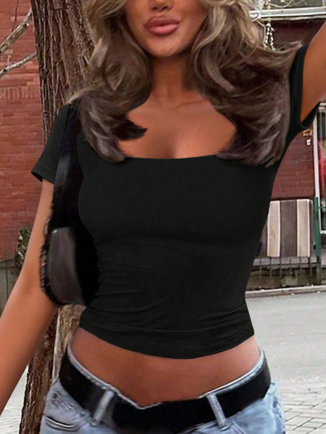 SHEIN CZARNY TOP KRÓTKI RĘKAW S06__M
