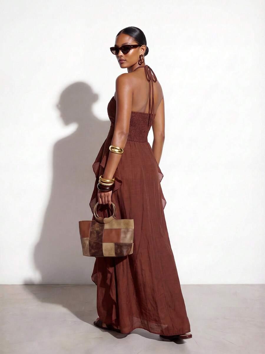 SHEIN BRĄZOWA MAXI SUKIENKA S06__L