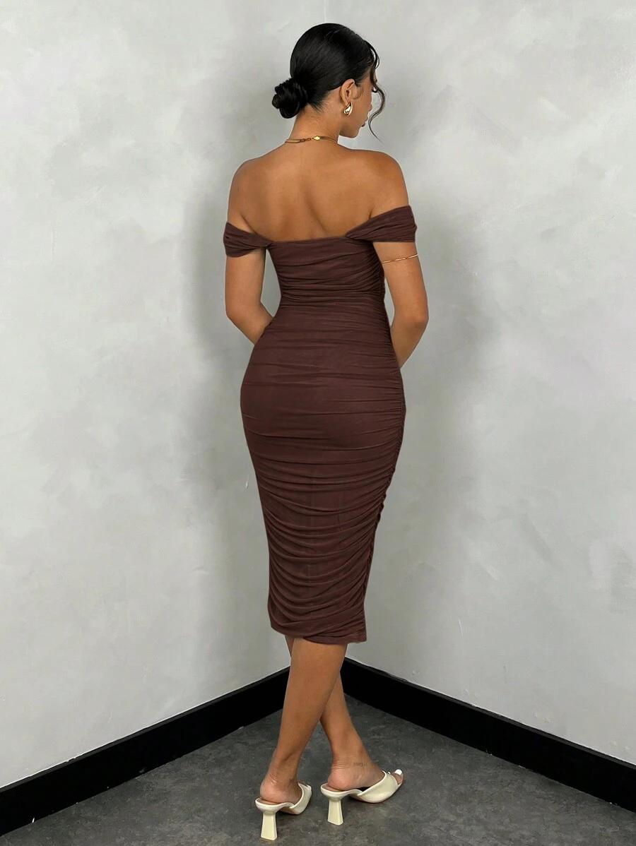 SHEIN BRĄZOWA MIDI SUKIENKA MARSZCZENIE S06__M