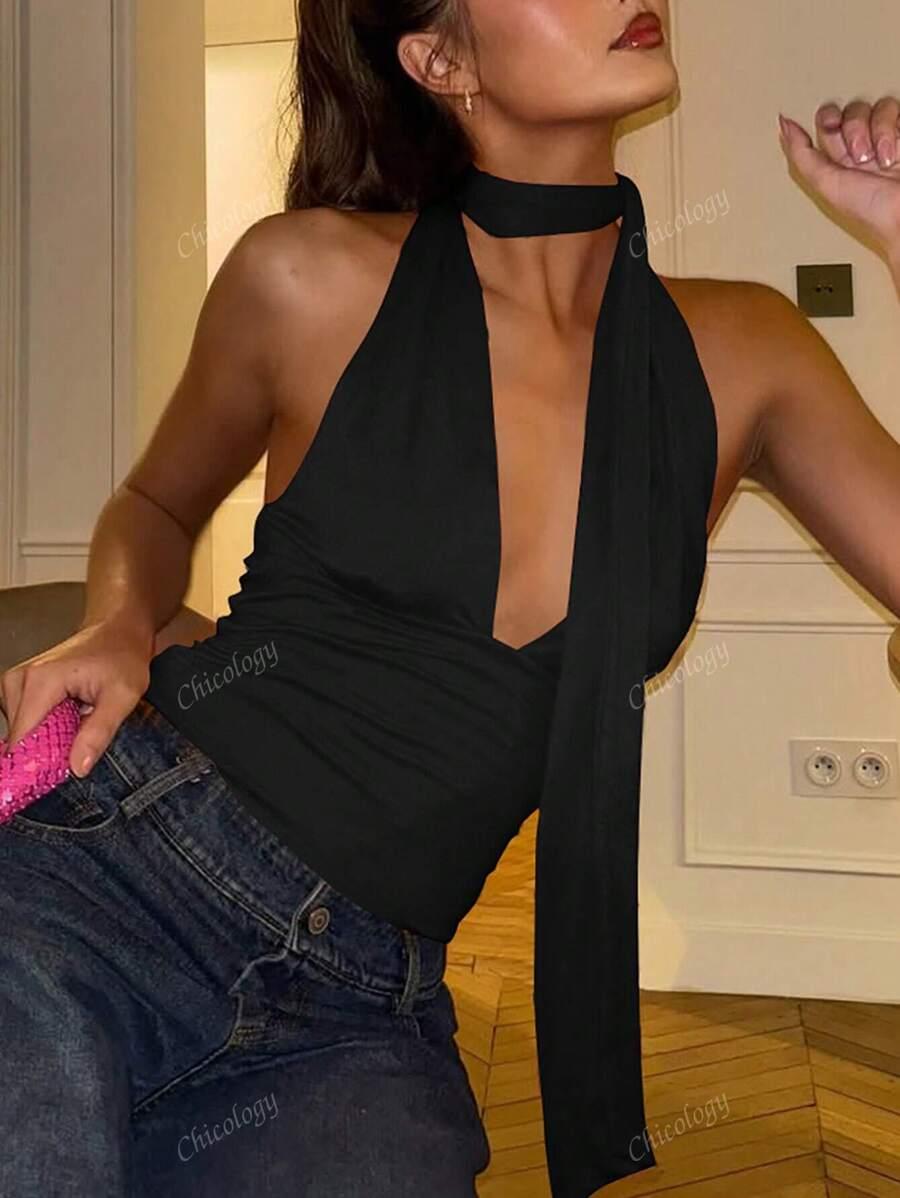 SHEIN CZARNY TOP WIĄZANIE S06__XS