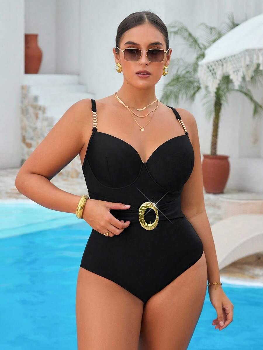 SHEIN CZARNY JEDNOCZĘŚCIOWY KOSTIUM KĄPIELOWY S09__XXL
