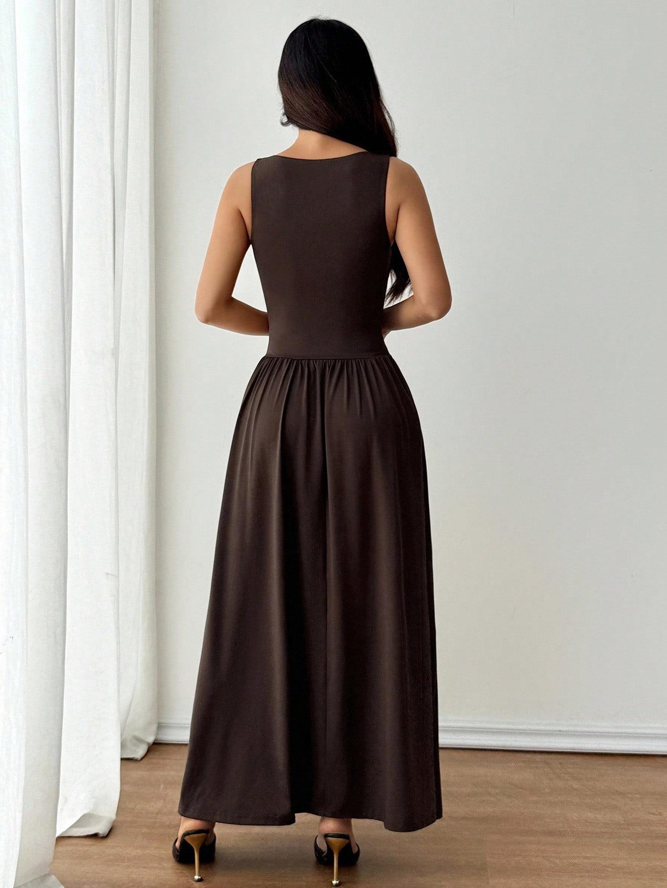 SHEIN BRĄZOWA MAXI SUKIENKA S06__S