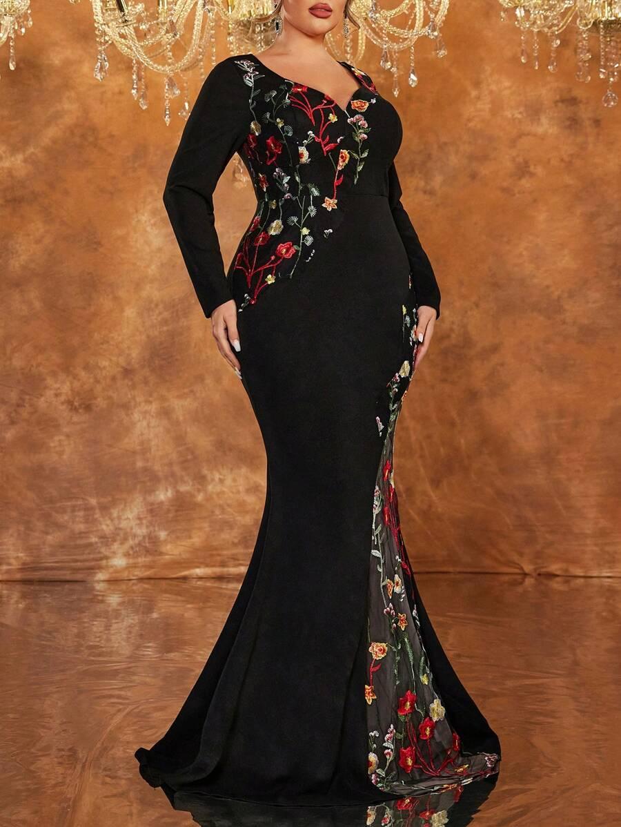 SHEIN MAXI SUKIENKA Z DŁUGIM RĘKAWEM HAFT KWIATY S06__46