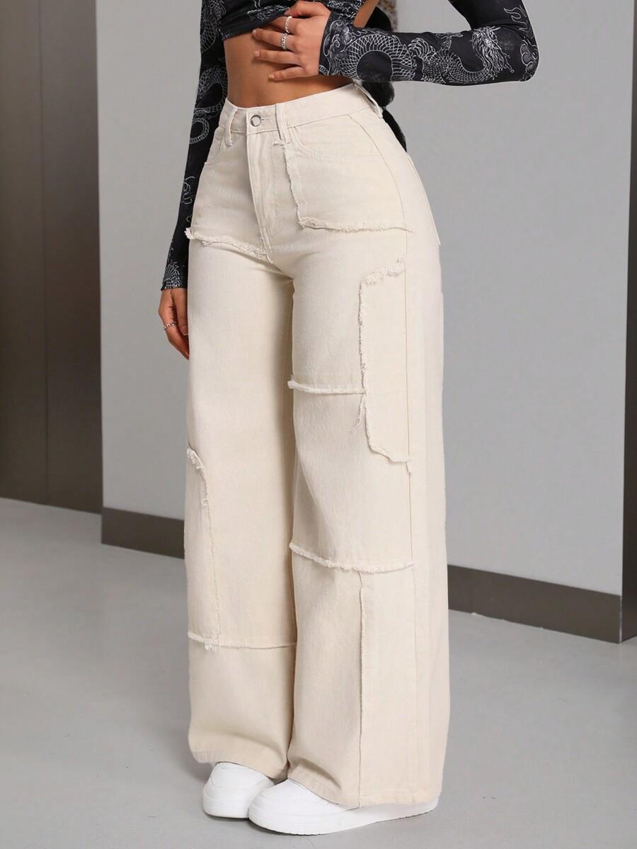 SHEIN KREMOWE SPODNIE JEANS WYSOKI STAN S06__L