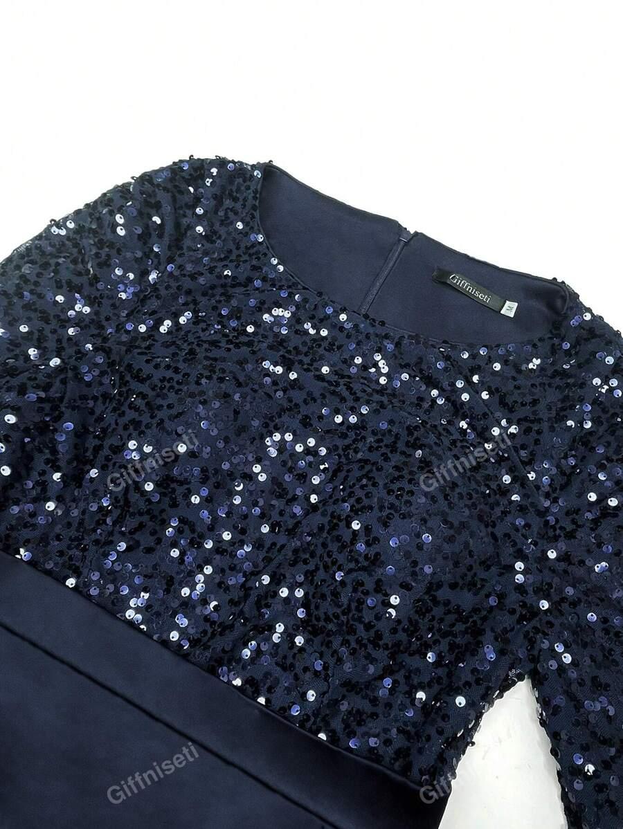 SHEIN GRANATOWA SUKIENKA MAXI CEKINY S06__L