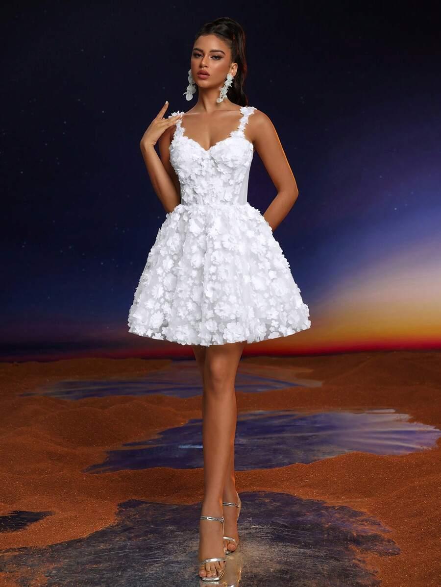 SHEIN BIAŁA MINI SUKIENKA KWIATY 3D S06__XS