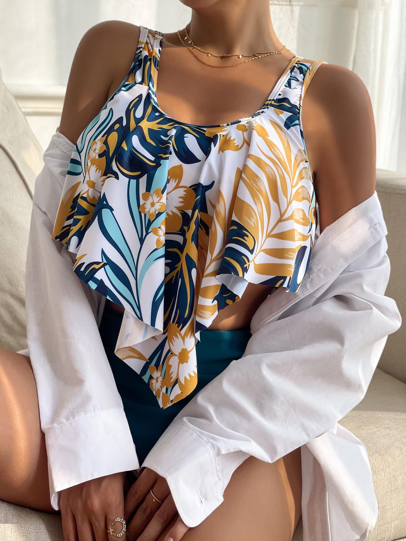 SHEIN DWUCZĘŚCIOWY STRÓJ KĄPIELOWY PRINT ROŚLINY S09__M