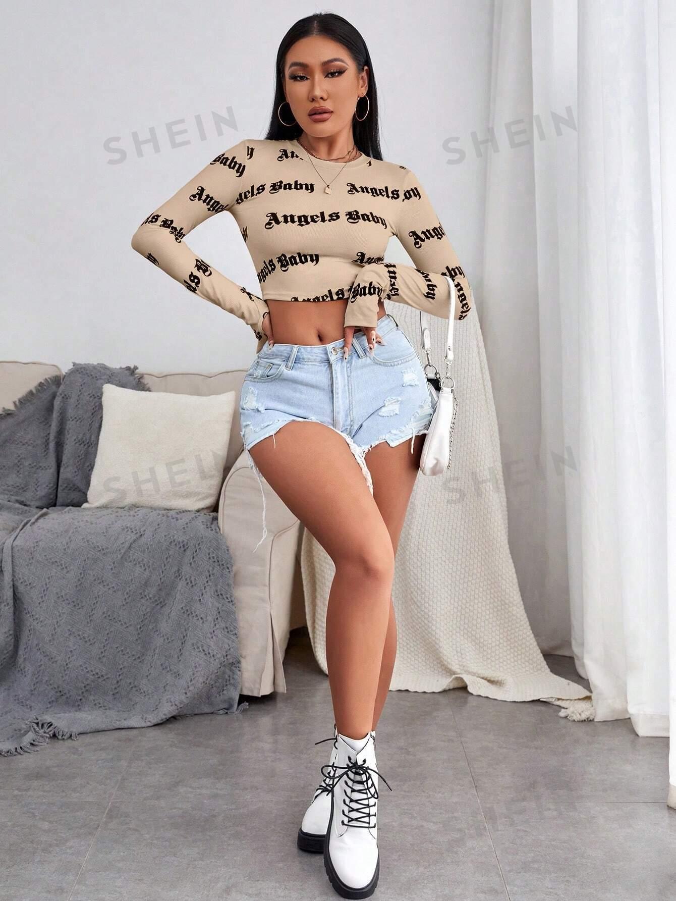 SHEIN BEŻOWA BLUZKA Z DŁUGIM RĘKAWEM NADRUK PK01__XS