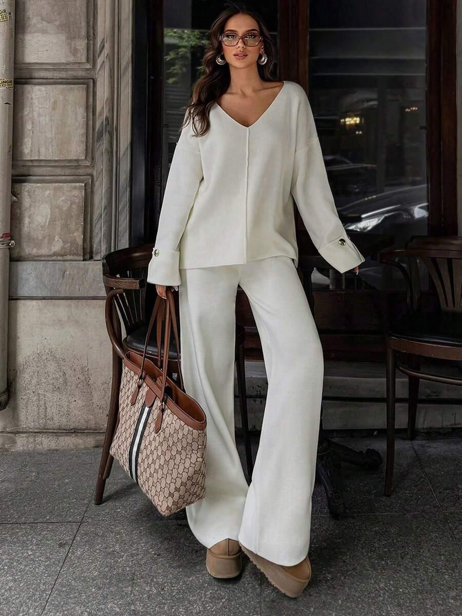 SHEIN BIAŁE SPODNIE SWETER KOMPLET S06__L