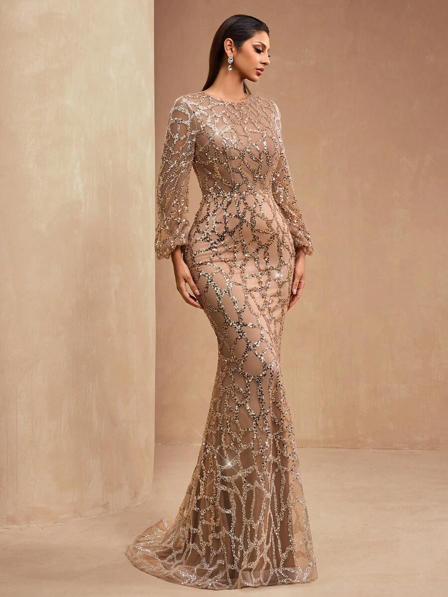 SHEIN MAXI SUKIENKA DŁUGI RĘKAW SIATECZKA CEKINY ZDOBIENIA S06__L