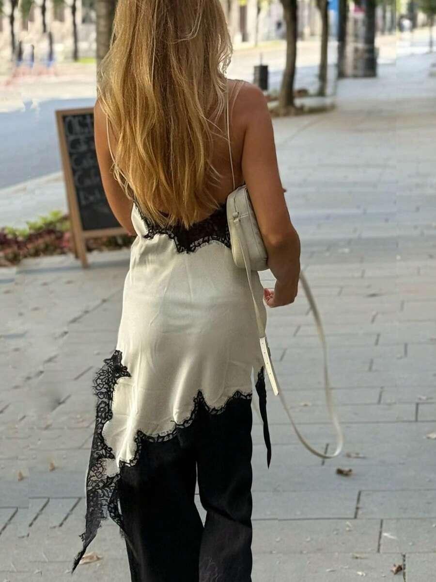 SHEIN SATYNOWY ASYMETRYCZNY TOP NA RAMIĄCZKACH KORONKA PK01__M