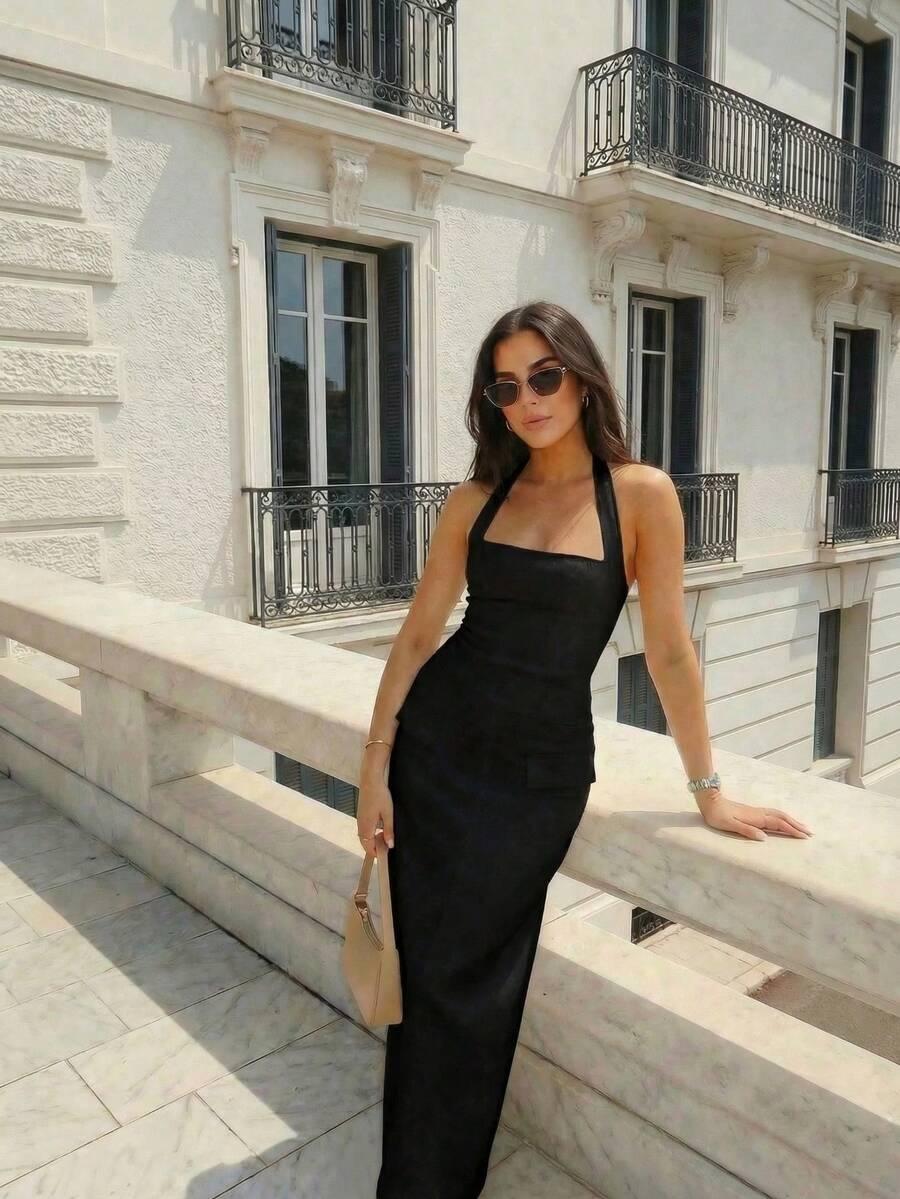 SHEIN CZARNA MAXI SPÓDNICA KLAPY ZAMEK PK01__S