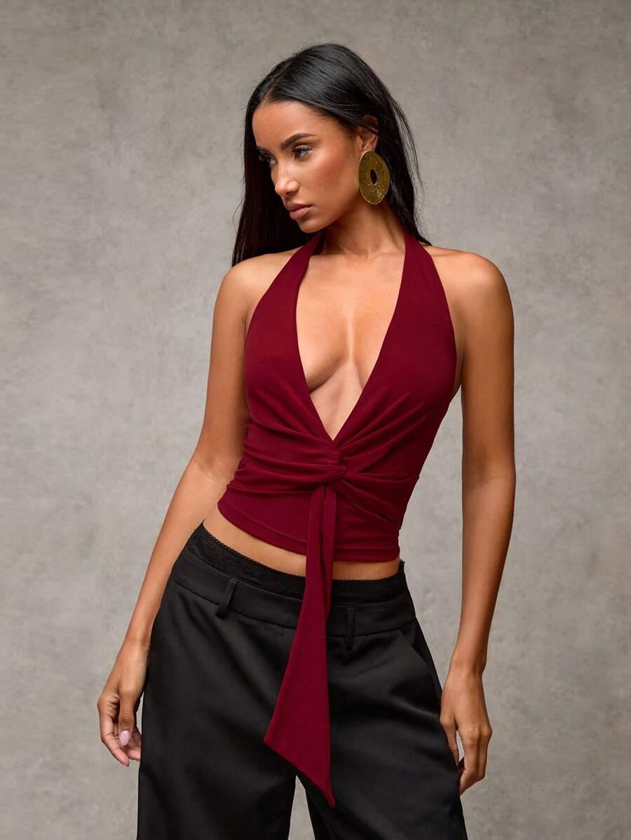 SHEIN BORDOWY TOP WIĄZANIE S09__XS