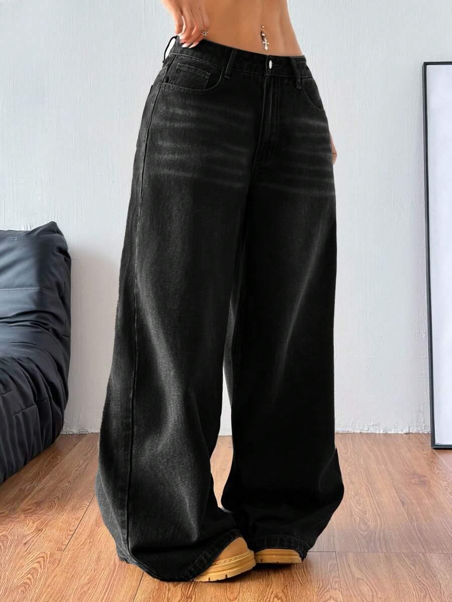 SHEIN CZARNE SPODNIE JEANS Z SZEROKIMI NOGAWKAMI S06__L