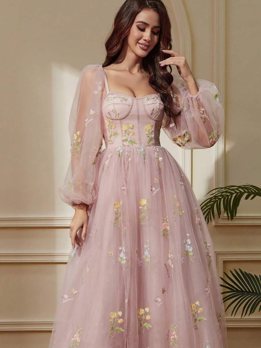 SHEIN RÓŻOWA MAXI SUKIENKA TIUL SIATECZKA HAFT DŁUGI RĘKAW S06__XXL