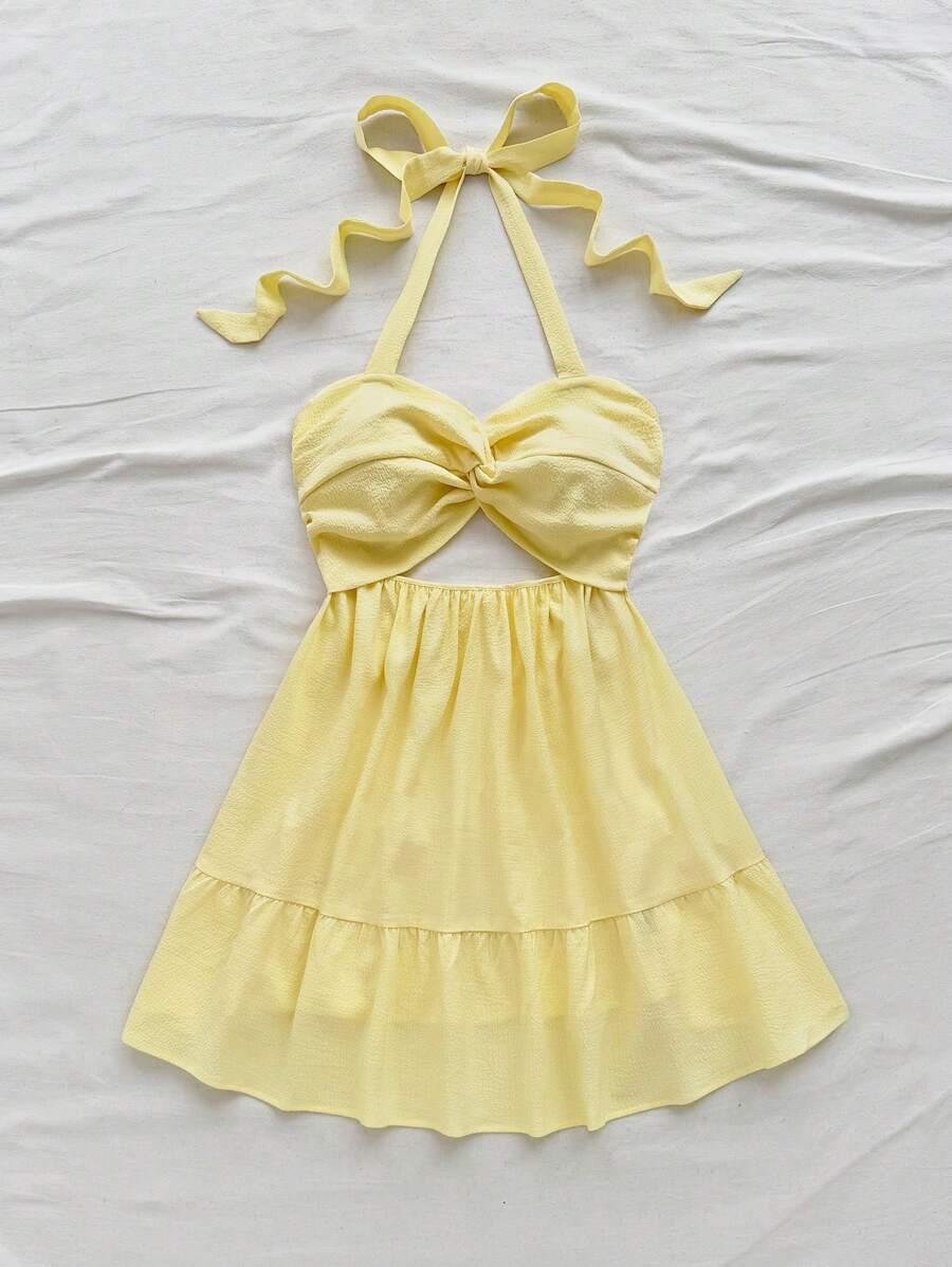 SOLEIA ŻÓŁTA MINI SUKIENKA WIĄZANIE S06__XS