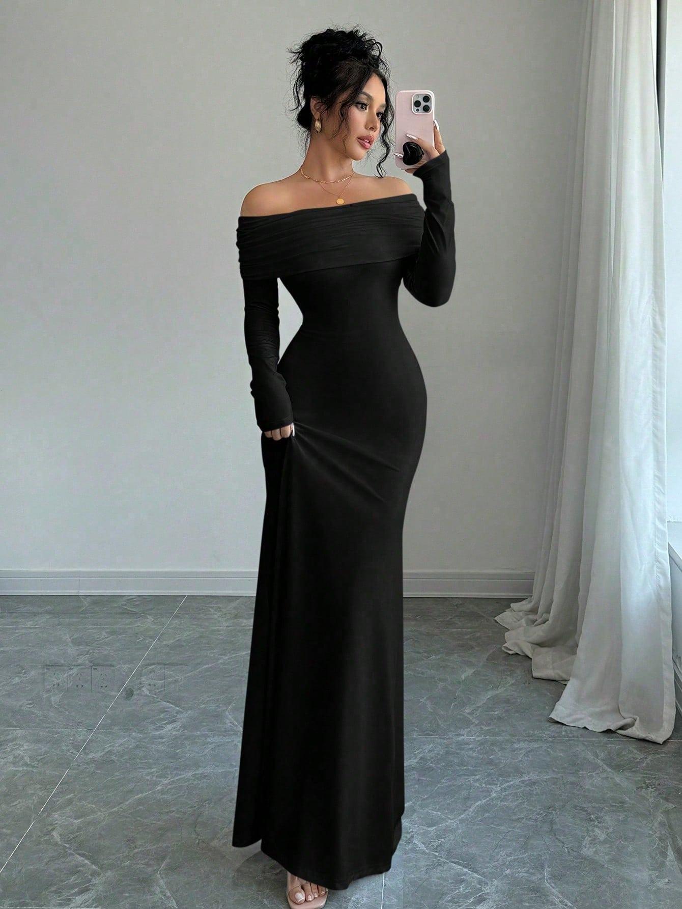 SHEIN CZARNA MAXI SUKIENKA ODKRYTE RAMIONA S06__S