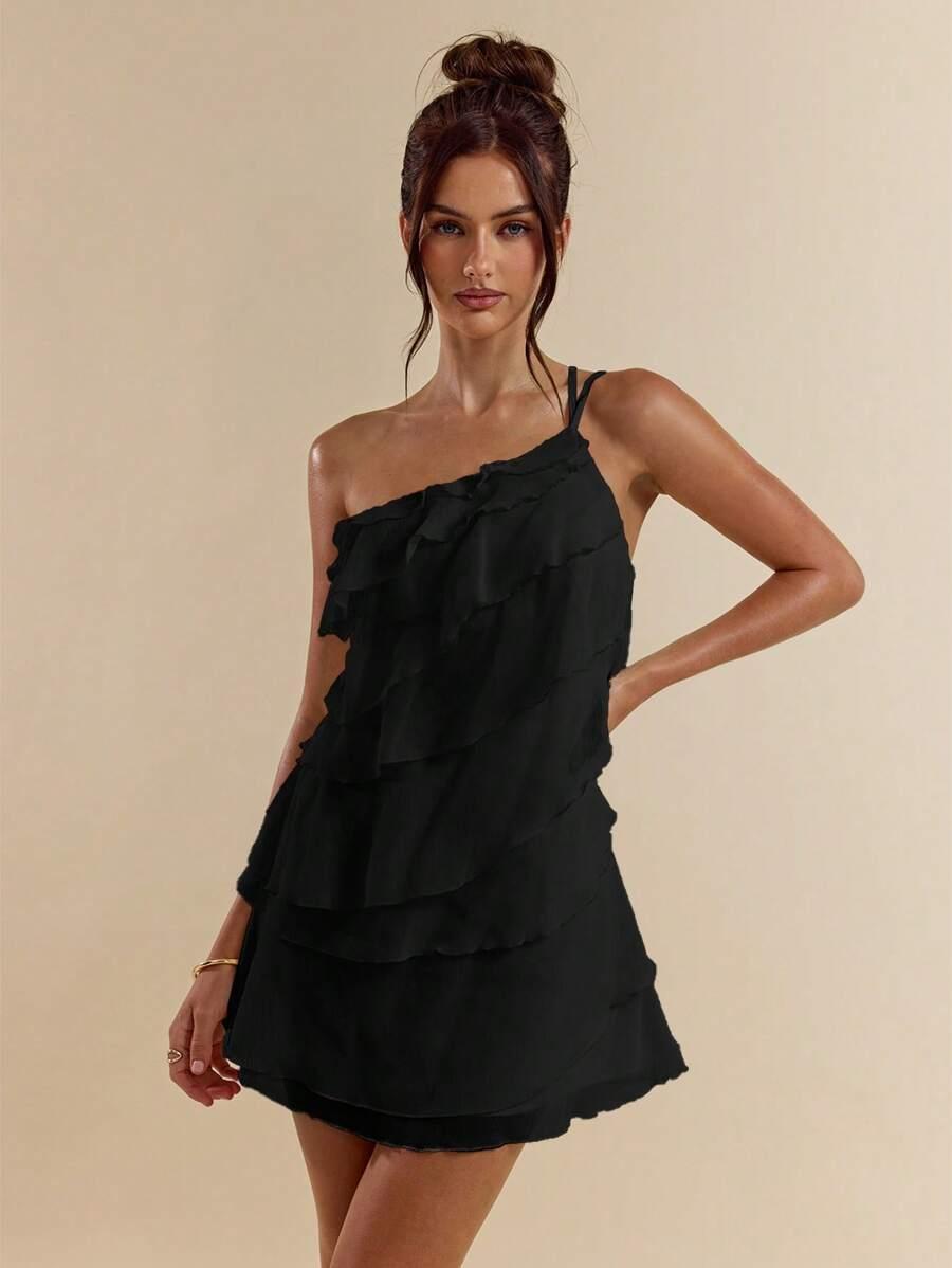 SHEIN CZARNA MINI SUKIENKA FALBANY S06__S