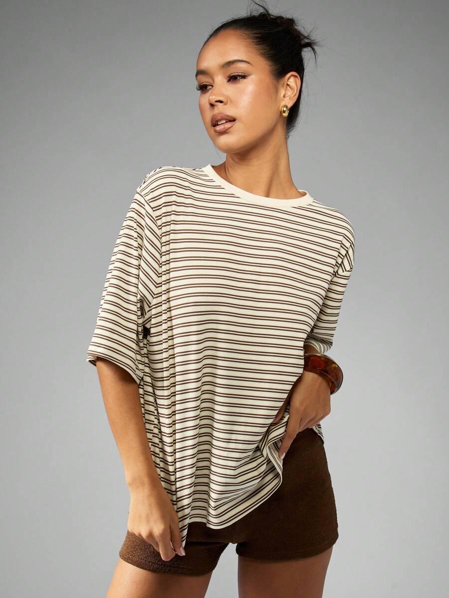 MISSGUIDED T-SHIRT OKRĄGŁY DEKOLT PASKI S06__L