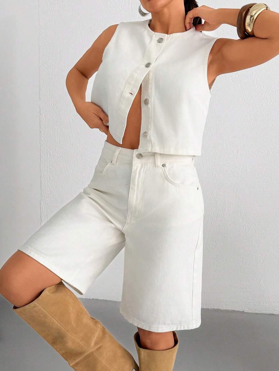 EURMUSE BIAŁA KAMIZELKA SPODENKI JEANS KOMPLET S06__L
