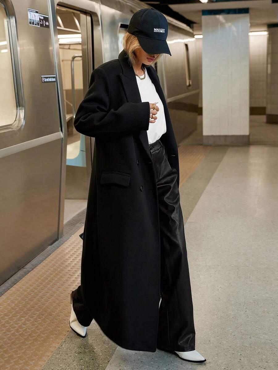 SHEIN CZARNY PŁASZCZ GUZIKI W01__L