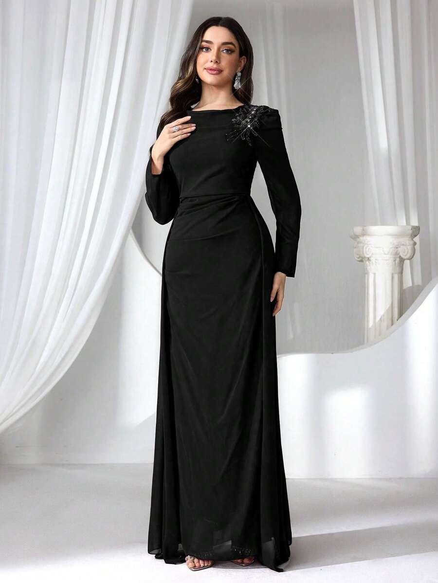 SHEIN CZARNA MAXI SUKIENKA ZDOBIENIA S06__L